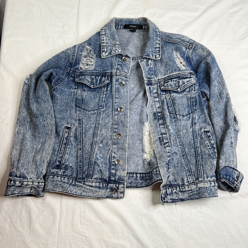 Forever 21 Jacket Jean Denim Trucker Blue Distressed Relaxed Womens Small A04122